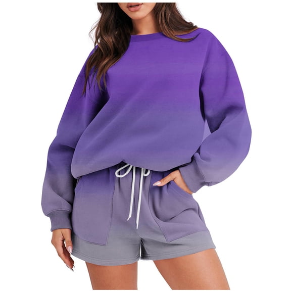 successthop 2 Piece Lounge Set Women Fleece Long Sleeve Crewneck Sweatshirt and Shorts with Pockets Print Streetwear