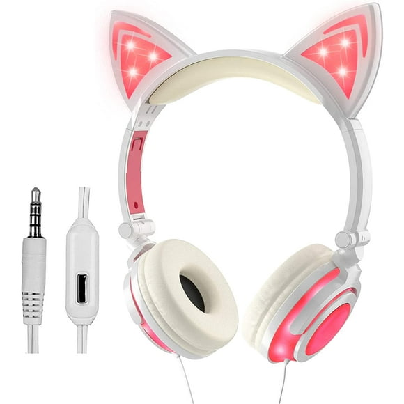 Wired Headphones with Microphone for Kids Girls Boys, On-Ear Adjustable Stereo LED Kitty Cat Gift Headphones (Pink)
