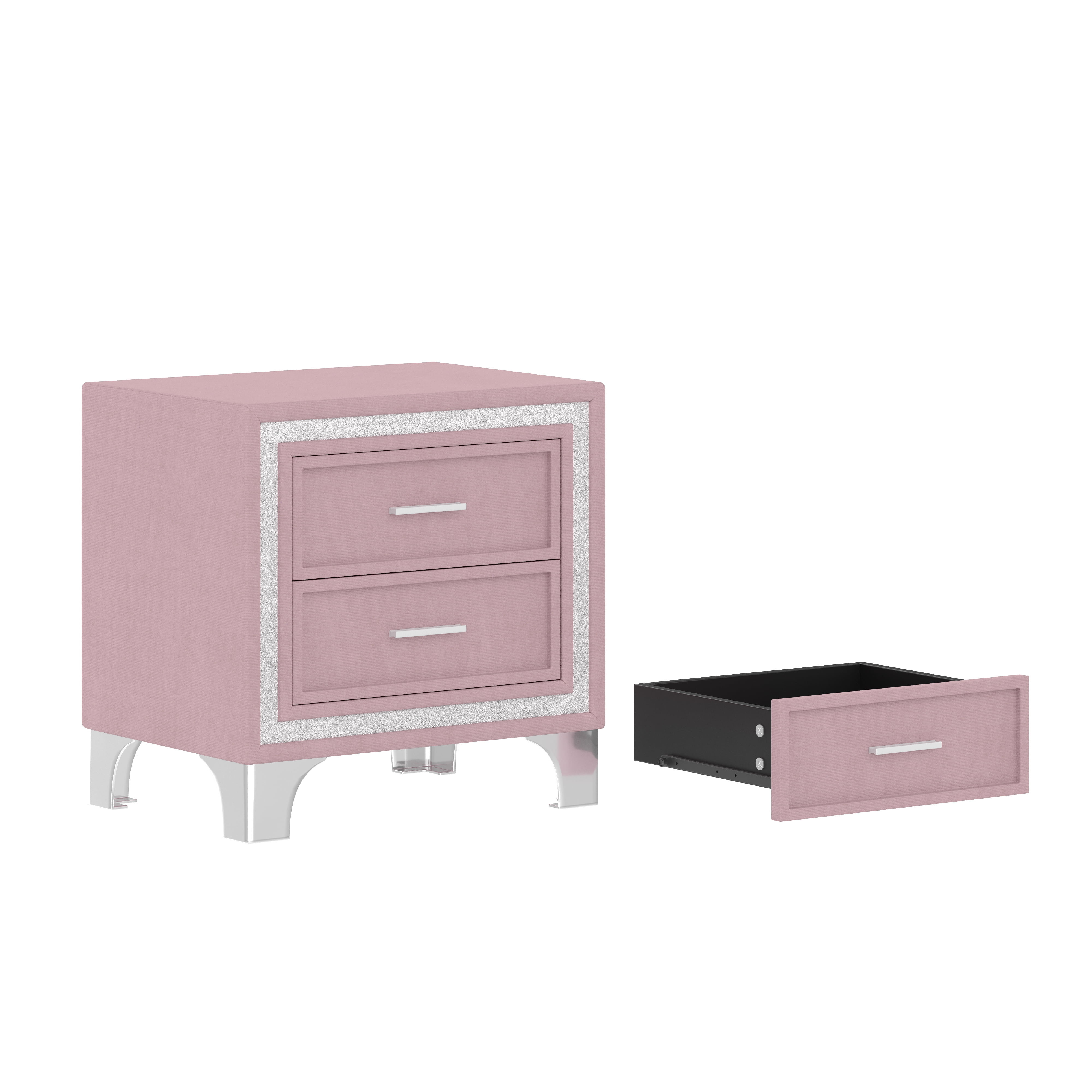Euroco Mid Century Nightstand with with Silver Glitter Strip Decor,Rectangular Simple End Bedside Table with 2 Drawers,Pink