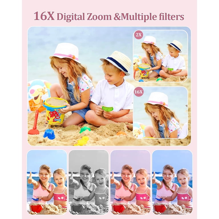 Digital Camera, HD 1080P 44MP Kids Camera, 16X Digital Zoom, Support Car Focus, One Click Compact Camera for Teens Students (PINK