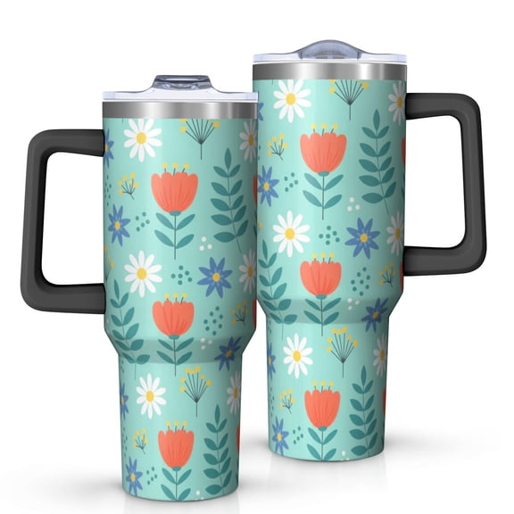 40oz Pioneer Flower Floral Print Pattern Insulated Tumbler with Handle, BPA-Free Leak Proof Lid and Straws, Double Wall Vacuum, Hot 12h/Cold 34h