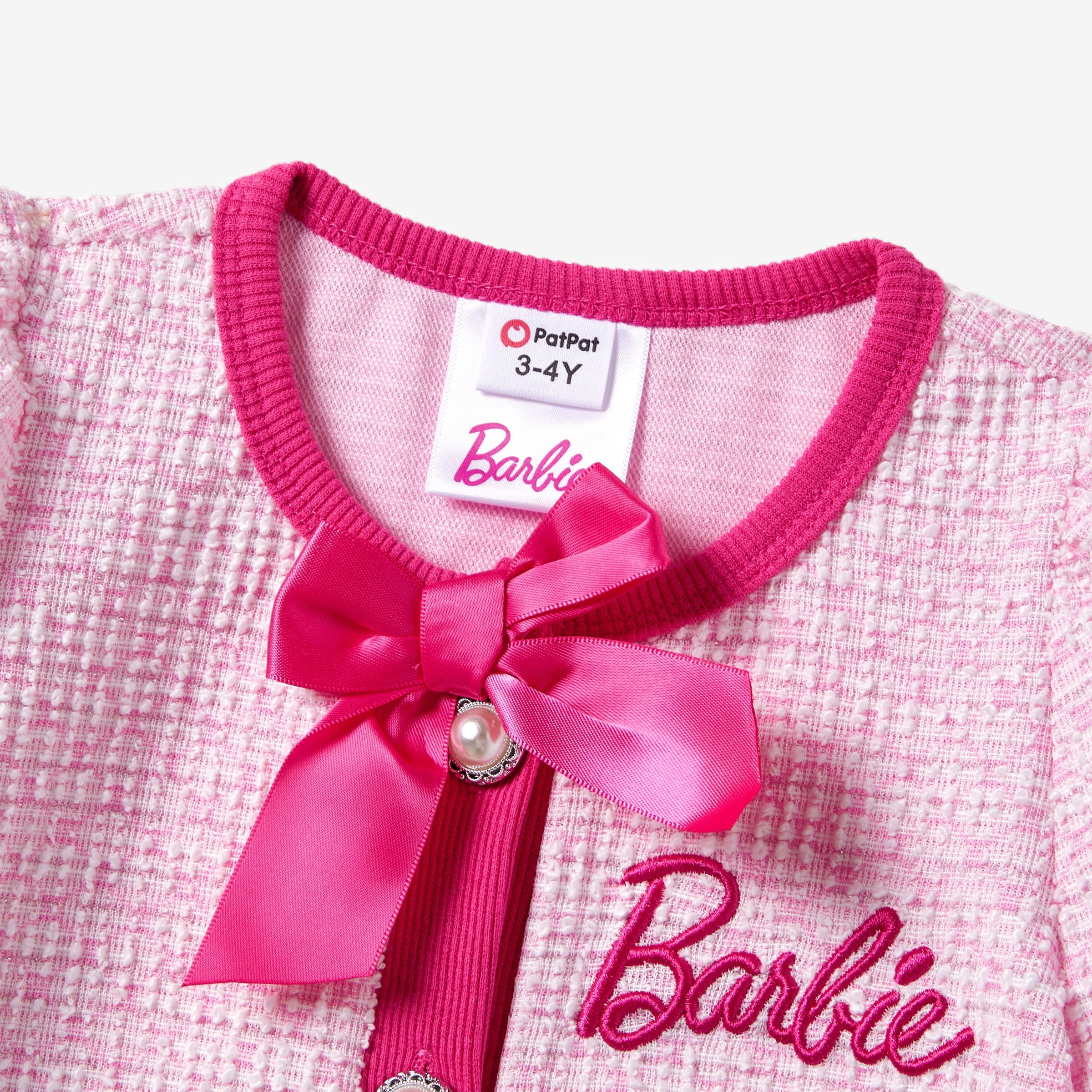 Barbie Toddler Girls Dresses Pink Tweed Crew Neck Bowknot Single Breasted Knit Outfits Sizes 2-12