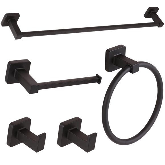 Ntipox Ensemble de 5 Pcs d'Accessoires de Quincaillerie de Salle de Bain Noir Mat, Ensemble Barre pour Serviette à Main Noir 23,6, Porte-Papier Hygiénique, Anneau à Serviette, Ensemble de Porte-Serviettes