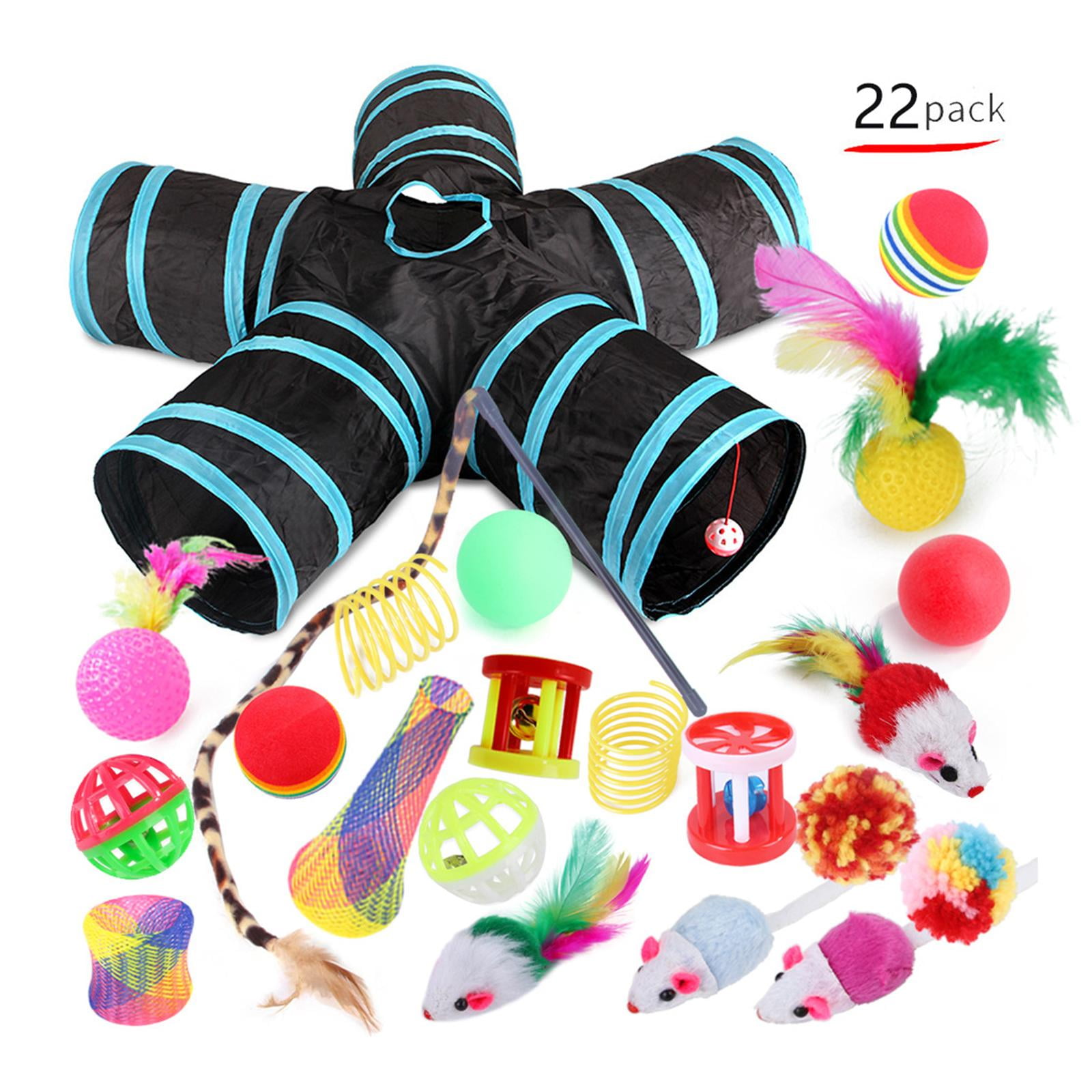 22 piece Interactive Cat Toy Sets,Collapsible Cat Tunnels for Indoor Cats, Feather Teaser Crinkle Balls Spring Toy Catnip Fish for Cats , B99504