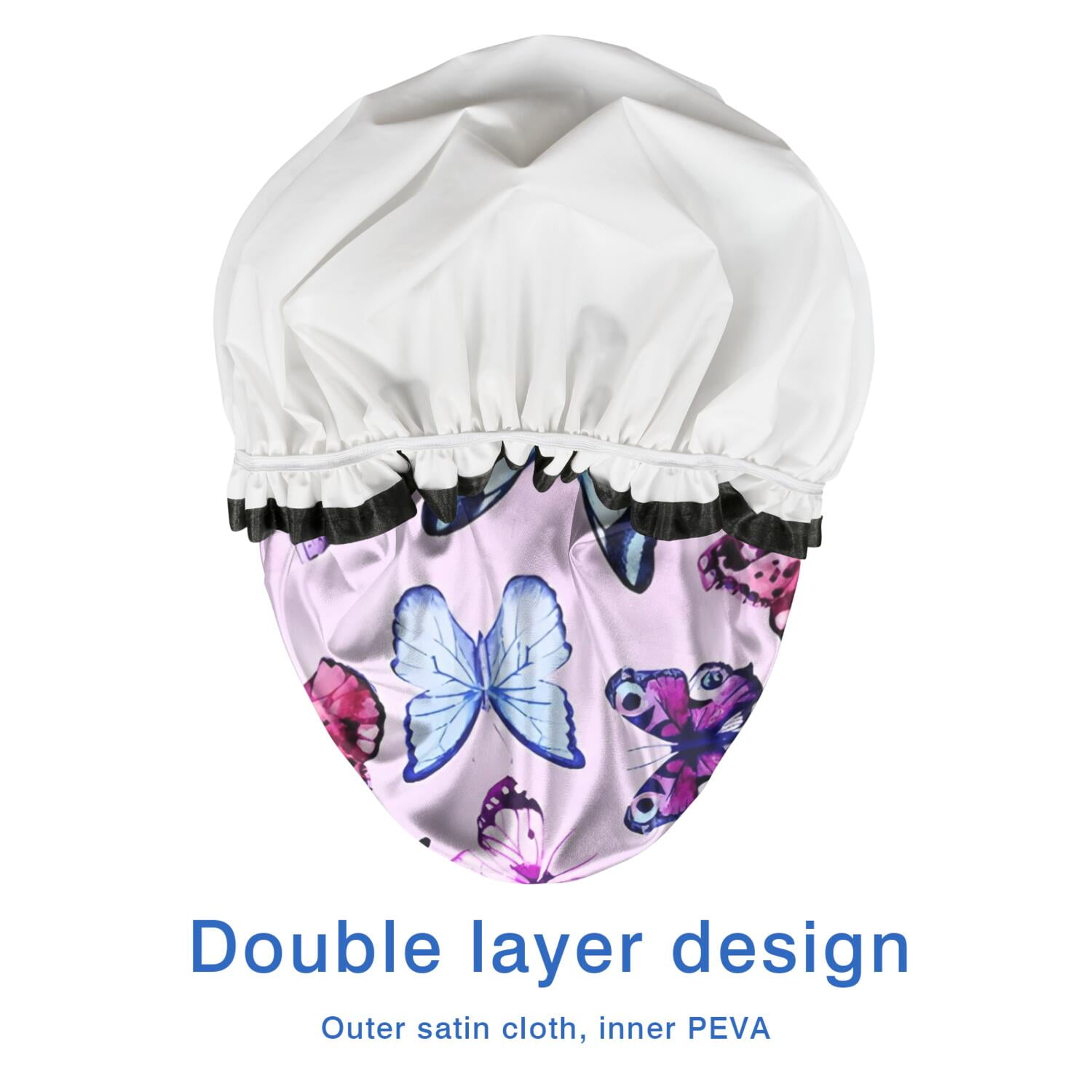 Shower Caps,Pink Butterfly Pattern Waterproof Shower Cap for Women 4 Pieces,Double Reusable Hair Cover for Shower PEVA Elastic Stretch Hem