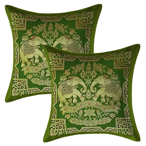Stylo Culture Ethnic Couch Brocade Olive Green And Gold Throw Pillow Covers 12x12 Jacquard Weave Banarsi Outdoor Holiday Pillow Covers Elephant Floral 30x30 cm Cushion Covers (Set Of 2)