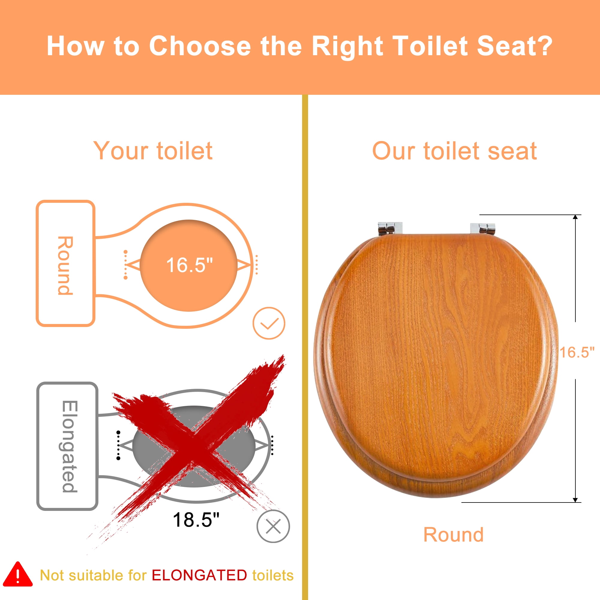 Angol Shiold Wood Round Toilet Seat, Easy Clean, Metal Hinges ( Round 16.5'', Warm Brown )