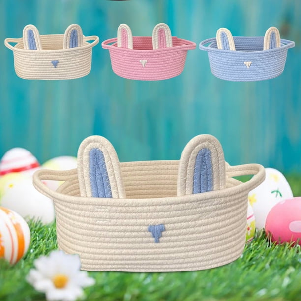 Cesta de almacenamiento para conejos de Pascua - Cesta de tela tejida blanca, rosa o azul para huevos, juguetes, aperitivos, organización de escritorio, 12,2x8,2 pulgadas