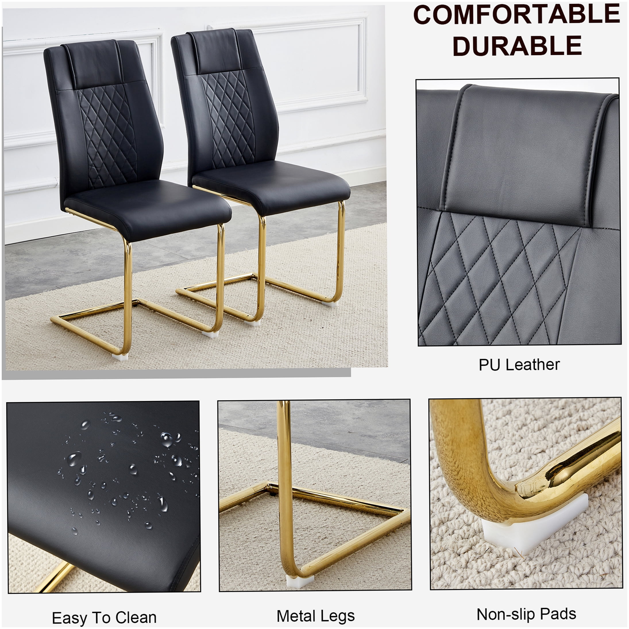 Modern Dining Chairs Set of 6, Black PU Leather Upholstered Side Chairs with Gold Metal Legs for Kitchen Dining Room