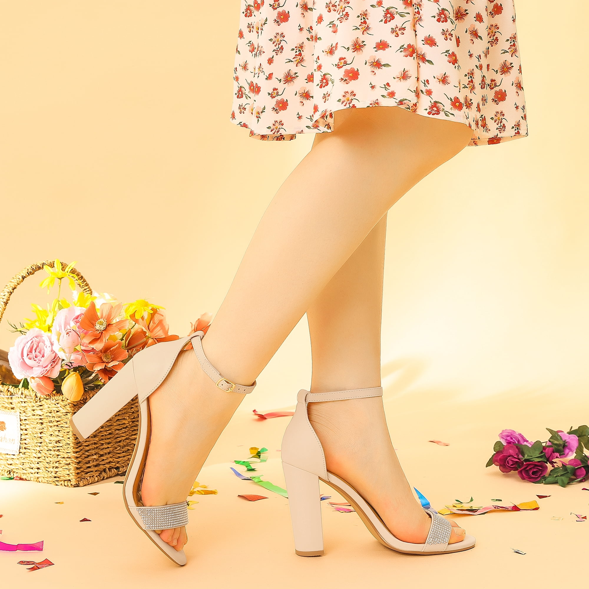 Unique Bargains Women's Open Toe Rhinestone Ankle Strap Chunky Heel Sandals