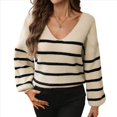 thumbnail image 1 of Suéteres Casuales de Otoño para Mujer, Suéter de Punto Informal A Rayas con Cuello en V, Larga y Espalda Descubierta Albaricoque y Negro M, 1 of 9