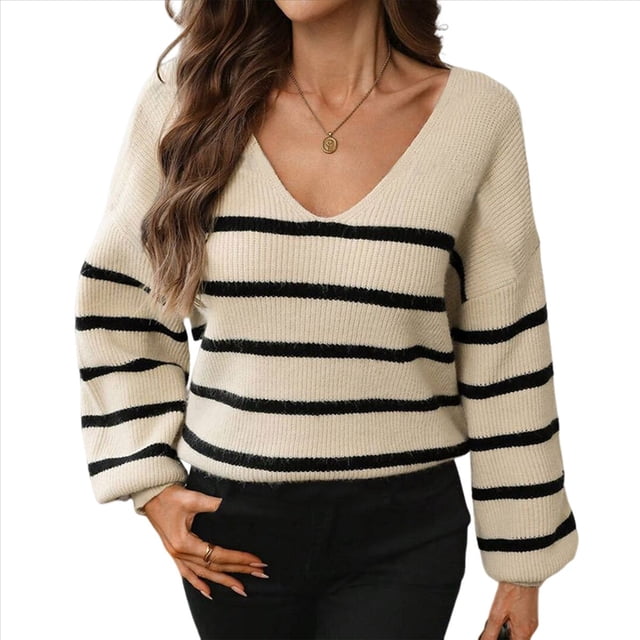 Suéteres Casuales de Otoño para Mujer, Suéter de Punto Informal A Rayas con Cuello en V, Larga y Espalda Descubierta Albaricoque y Negro M