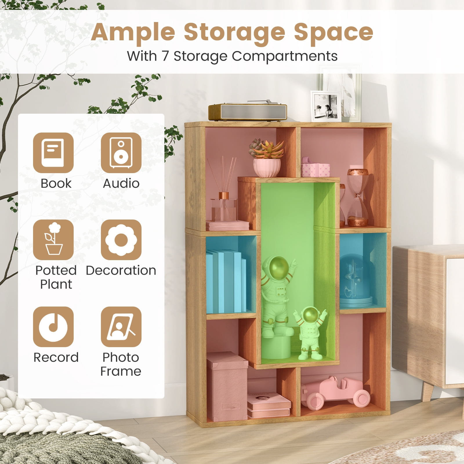 Topbuy 35.5” Geometric Bookshelf Open-back Bookcase w/ 7 Cubes Free-standing Storage Shelf Unit w/ Anti-Toppling Devices Natural