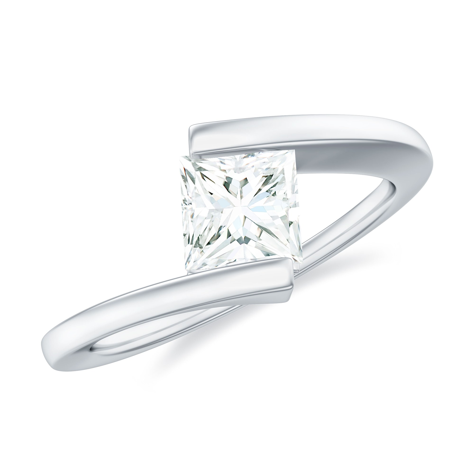 Princess Cut Solitaire Moissanite Engagement Ring, Bypass Ring for