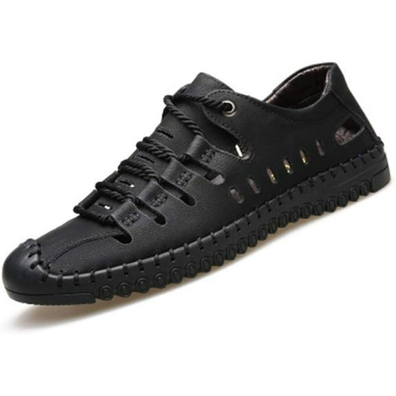 Summer Men's Casual Sandals Summer Sandals Sports Sandals Shoes Hollow Rubber Sole Anti-Slip Shoes Beach Leather Shoes Black 7.5 UK