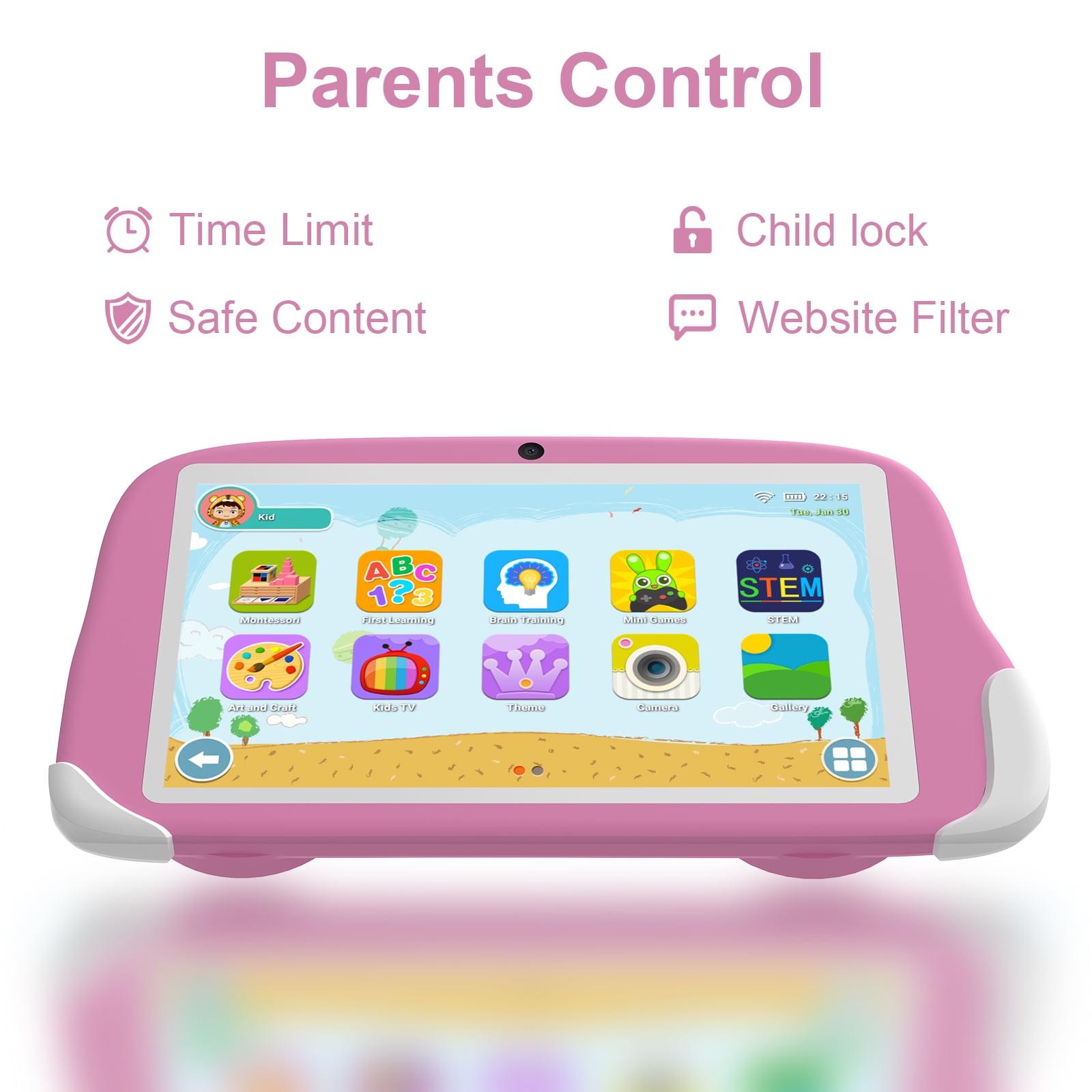 Peicheng Tablet, 8-inch IPS HD Screen Android Tablet for Kids with Protective Case, Parental Contral, 4000mAh battery, Pre-Installed Apps for Learning and Play, Pink