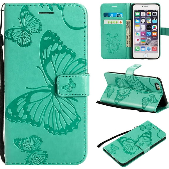 iPhone 6s Plus Wallet Case, iPhone 6 Plus Case, Dteck Embossed Big Butterfly Magnetic Flip PU Leather Folio Stand Case Cover Built-in Card Slots & Money Pocket, with wrist Strap, Green