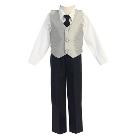 - Little Boys Silver Poly Silk Vest Tie 4 Pcs Special Occasion Set 4T