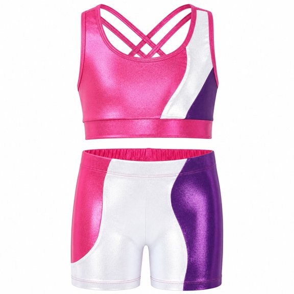 Girls Gymnastics Leotard 2-Piece Shiny gymnastics outfit with Shorts,Rose Red
