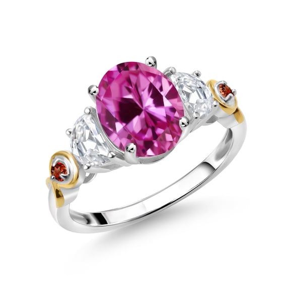 Gem Stone King 925 Silver and 10K Yellow Gold 3-Stone Ring Oval Pink Created Sapphire and Moissanite (1.53 Cttw, Size 8)