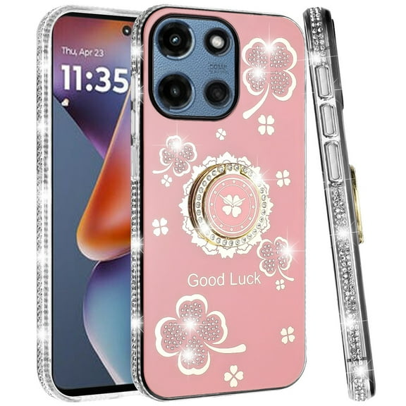 For Motorola Moto G 5G 2025 Splendid Glitter with Diamonds All Around Edges Ring Stand Case Cover - Pink