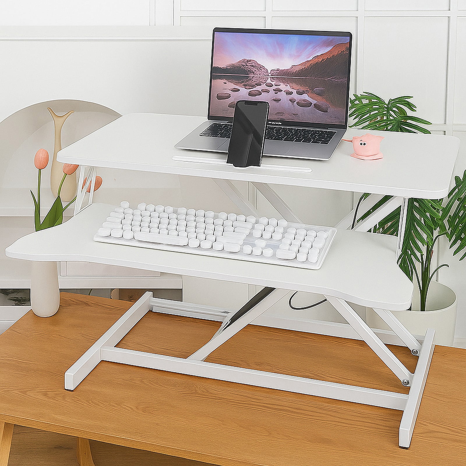 32 Inch Standing Desk Converter, Height Adjustable Laptop Sit Stand Desk Riser Laptop Workstation for Table Tops and Home Office with Keyboard Tray, White