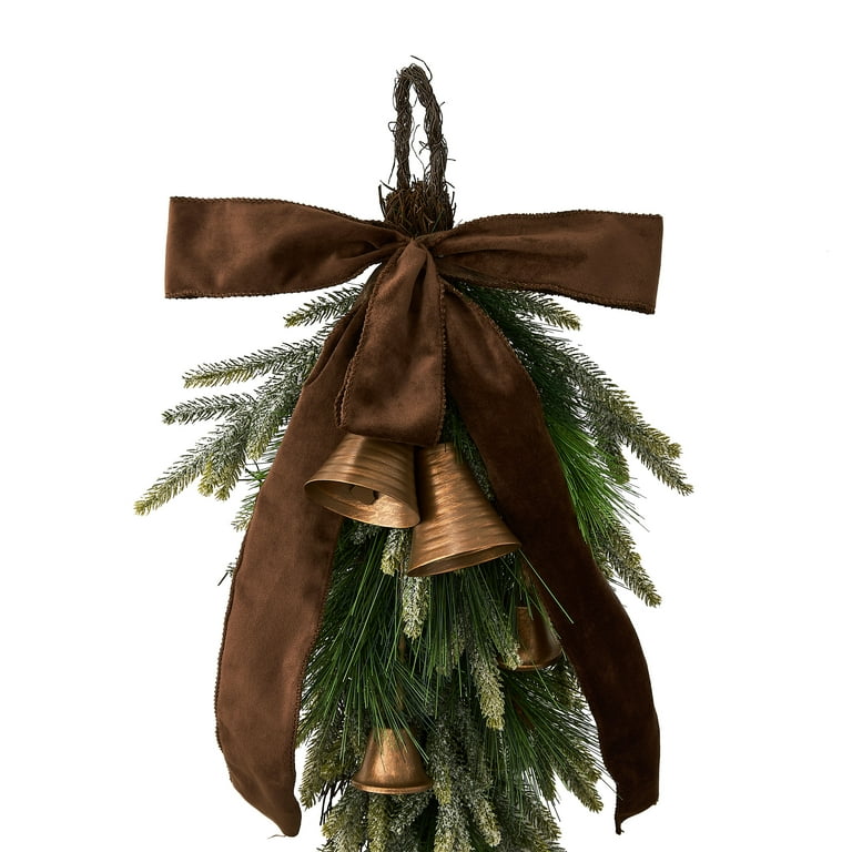 Bells, Bow, and Greenery Decorative Christmas Door Swag, Green and Brown, 28", by Holiday Time