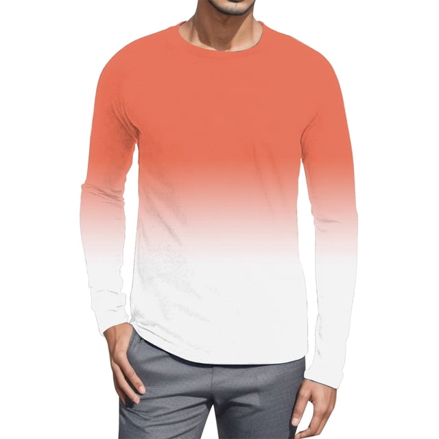 TSADFHJI Mens Shirts Pack Christmas Mens Fashion Simple Gradient Color Color Matching T Shirt with Long Sleeves And Round Neck Top L Orange