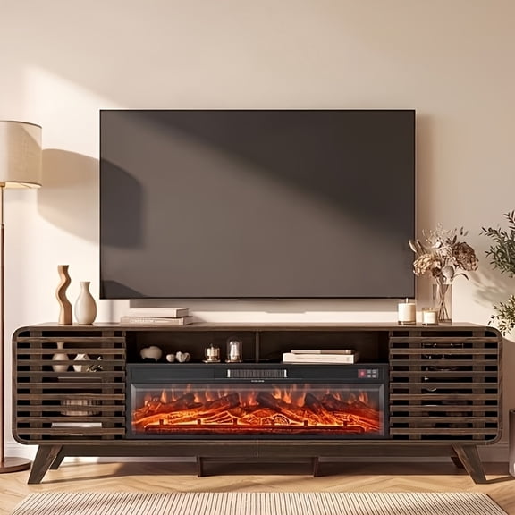Fireplace TV Stand with 40" Electric Fireplace, Mid-Century Modern Entertainment Center with LED Lights for 90" Tvs, Media Console with Slatted Sliding Doors for Living Room