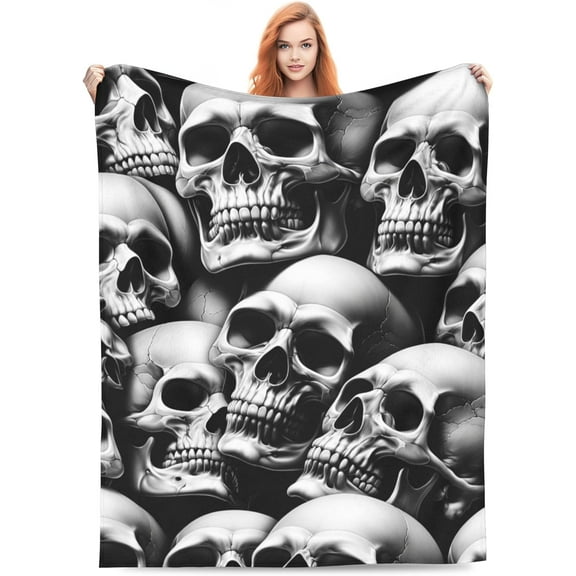 Horror Skull Blanket Gifts for Kids Adults Soft Warm Lightweight Cozy White and Black Skulls Throw Blankets for Bed Living Room Sofa Couch Birthday Goth Decor 50x60in