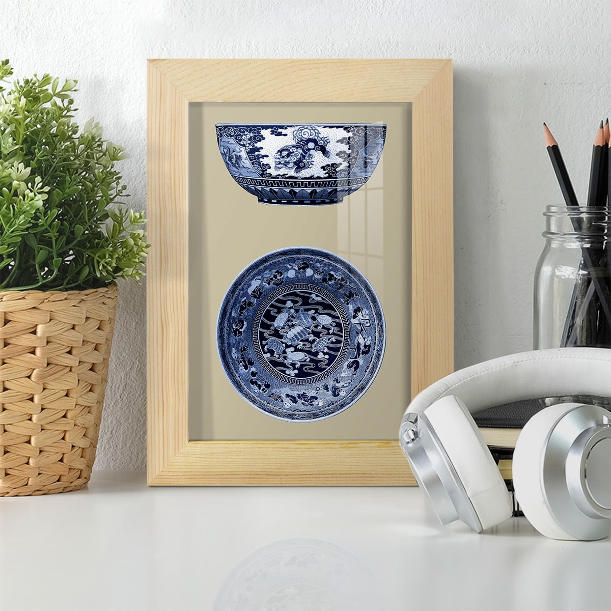 Porcelain in Blue and White I -Framed Print w/glass-Natural Wood