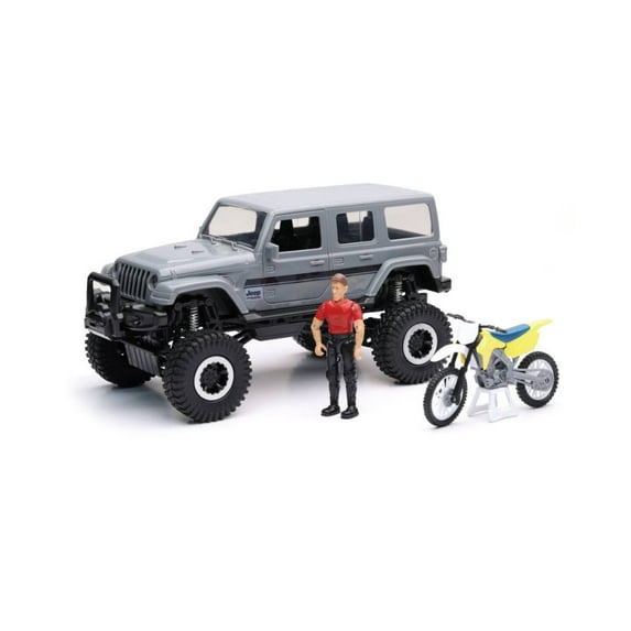 Jeep Wrangler Sahara w/ Dirt Bike and Figurine, Gray - New Ray 37446A - 1/18 scale Diecast Car