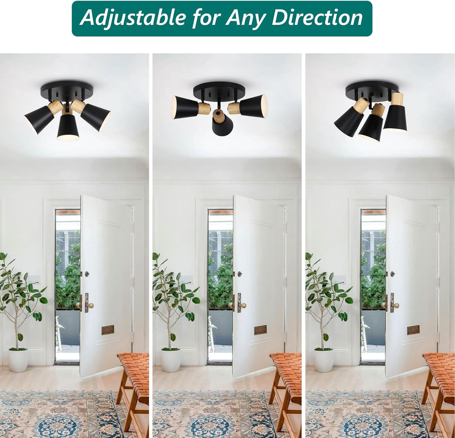 Industrial Flush Mount Ceiling Light Fixture, 3-Lights Multi-Directional Rotating Ceiling Lamp, Metal Black Kitchen Light Fixtures Ceiling Mount, Vintage Bedroom Ceiling Lights for Hallway