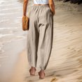 thumbnail image 4 of leijia Cotton Linen Long Pants for Women Elastic Waisted Solid Color Beach Pants Casual Loose Fit Straight Trousers with Pockets, 4 of 8