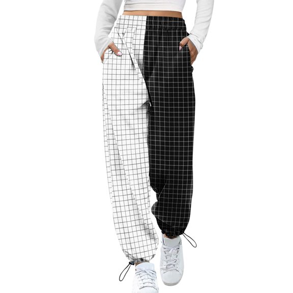 Women's Casual Loose Black and White Checkered Wide Leg Pants High Waist Straight Lounge Y2K Trousers