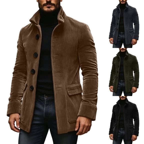 FRSASU Men's Vintage Corduroy Short Coat Slim Fit Single Breasted Jacket with Stand Collar Casual Stylish Fall Winter Wear Gray