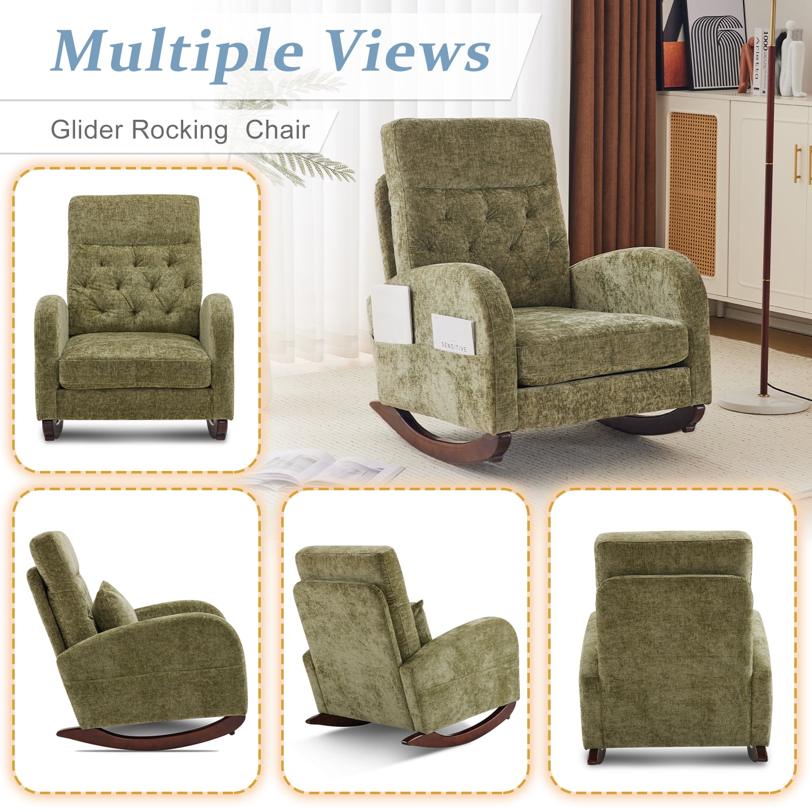 Ktaxon Rocking Accent Chair Glider Reading Chair Comfy Chenille Upholstered Single Sofa Rocker for Living Room, Nursery, Bedroom Olive Green