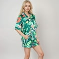 thumbnail image 3 of Women's Tropical Bird Print Satin Pajama Set with Short Sleeve Button-Up Top and Relaxed Fit Elastic Waist Shorts - Green, Large, 3 of 7