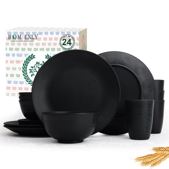 Homienly 16-Piece Wheat Straw Dinnerware Set, Plates, Bowls & Cups, Service for 4, Microwave & Dishwasher Safe, Black