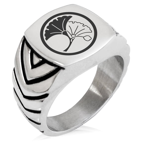 Stainless Steel Yin Yang Ginkgo Leaves Kamon Crest Chevron Pattern Biker Style Polished Ring