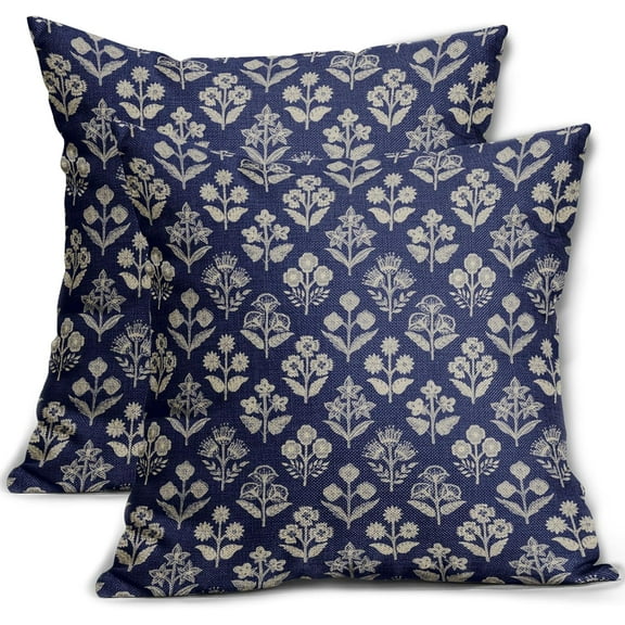 Navy Blue Floral Block Print Pillow Covers 20x20 Inch Set of 2, Vintage Flower Pattern Decorative Throw Pillowcases Outdoor Farmhouse Cushion Covers Spring Summer Rustic Sofa Couch Bed Decor