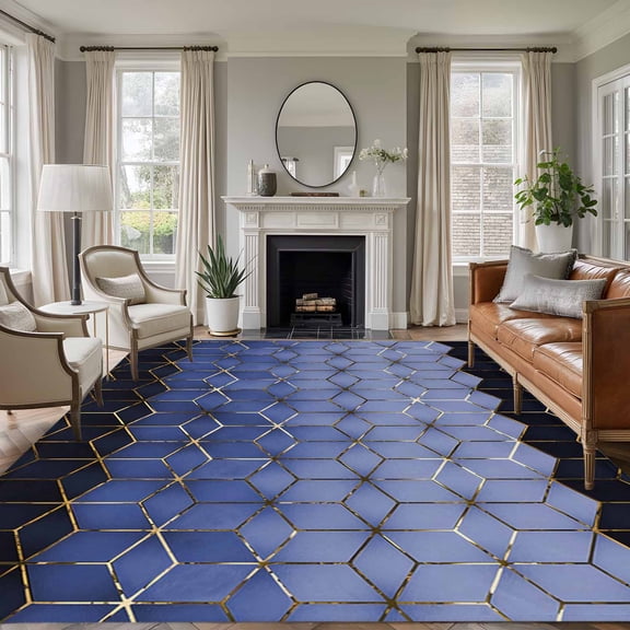 Large Area Rugs for Living Room Bedroom, Blue Geometric 5'x8' Rug Washable Carpet Runner Indoor Outdoor, Ombre Modern Abstract Art Non Slip Floor Mats Rug for Kitchen, Bathroom