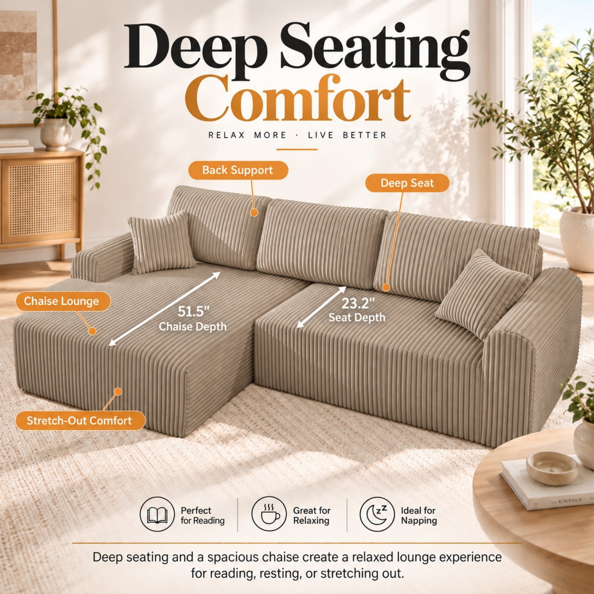 DEALTOPS 109" Corduroy L-Shape Floor Cloud Couch, Deep Seat Modular Sectional Sofa, Left Chaise, Dark Beige