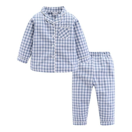 

Mud Kingdom Baby Pajamas for Girls Boys Kids Clothes Sets Button Down Lattice 100% Cotton Sleepwear Blue 2T
