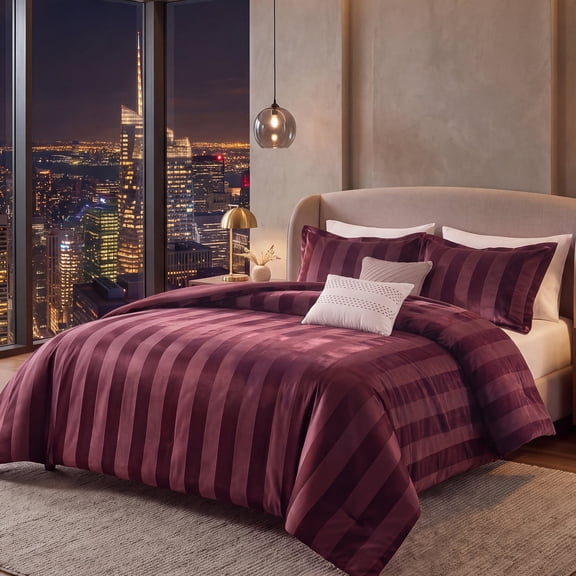 Regency Heights Brushed Velvet Striped Comforter Set, 5-Piece Luxury Cozy Bedding Sets with Decor Pillows, Queen Size Comforter Bed Set for All Seasons, Burgundy Red