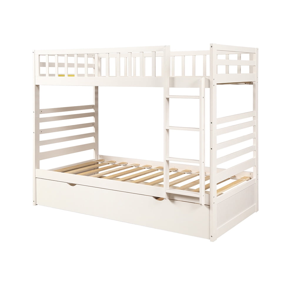 Kepooman Twin Over Twin Solid Wood Bunk Bed with Trundle & Ladder, White Kepooman Twin Over Twin Solid Wood Bunk Bed with Trundle & Ladder, White