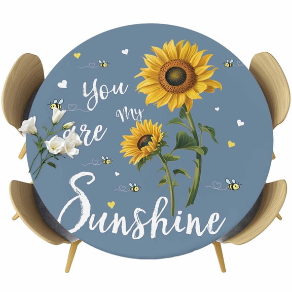 Haze Blue Sunshine Sunflower Round Tablecloth, Fitted Table Cover with Elastic for 36"-44" Round Tables, Pastoral Bees Farmhouse Floral Table Cloth Outdoor Indoor Dinning Party Waterproof Tablecloths