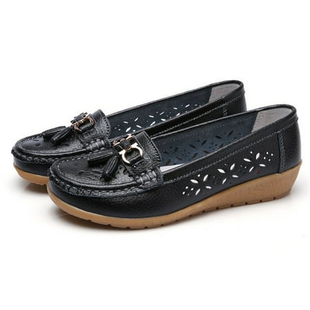 

Women\ s Hollow Soft Leather Breathable Sandals Rubber Sole Slip-on Flat Shoes