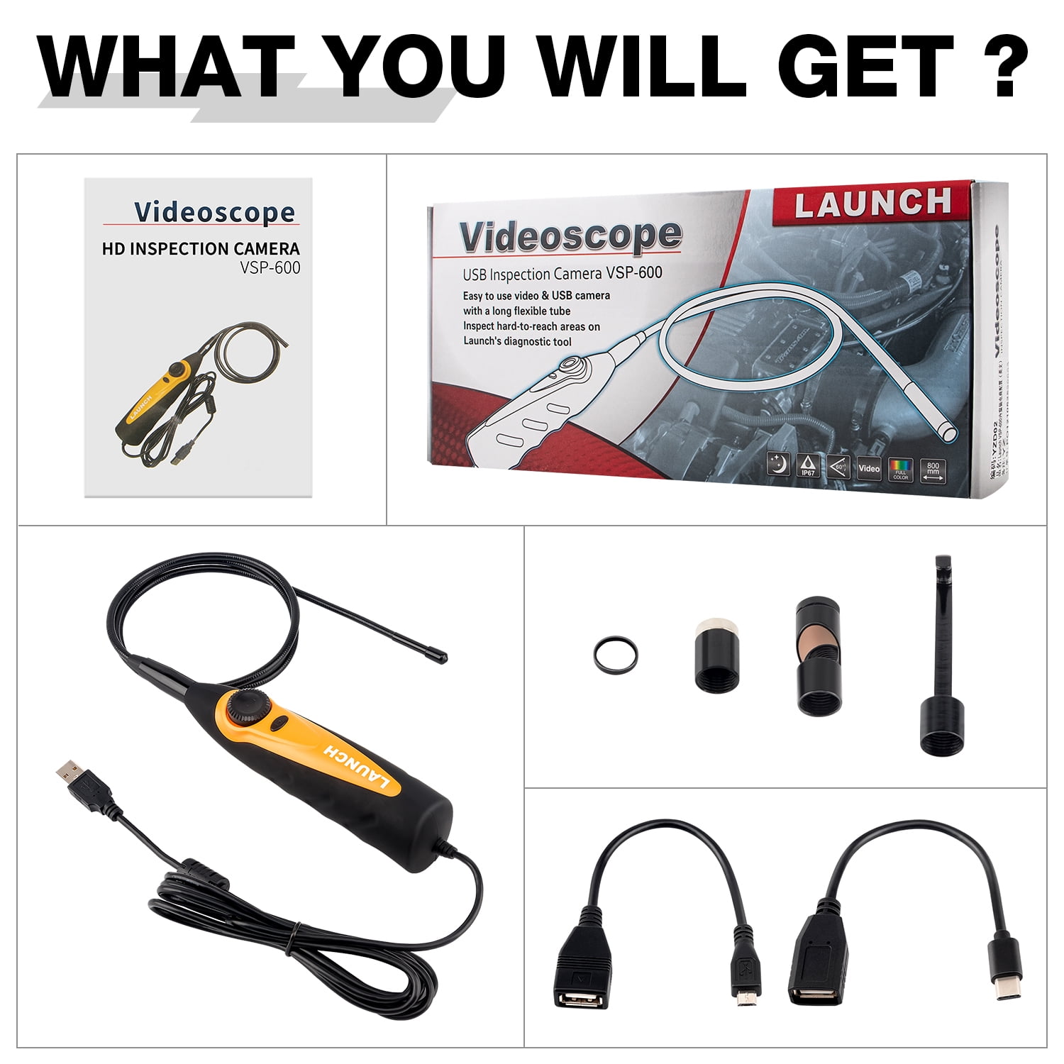 LAUNCH VSP-600 Borescope 6 Adjustable LED Lights Endoscope Inspection Camera Multi-Scenarios IP67 Waterproof Suit for LAUNCH X431 Scanners and Android Mobile PC