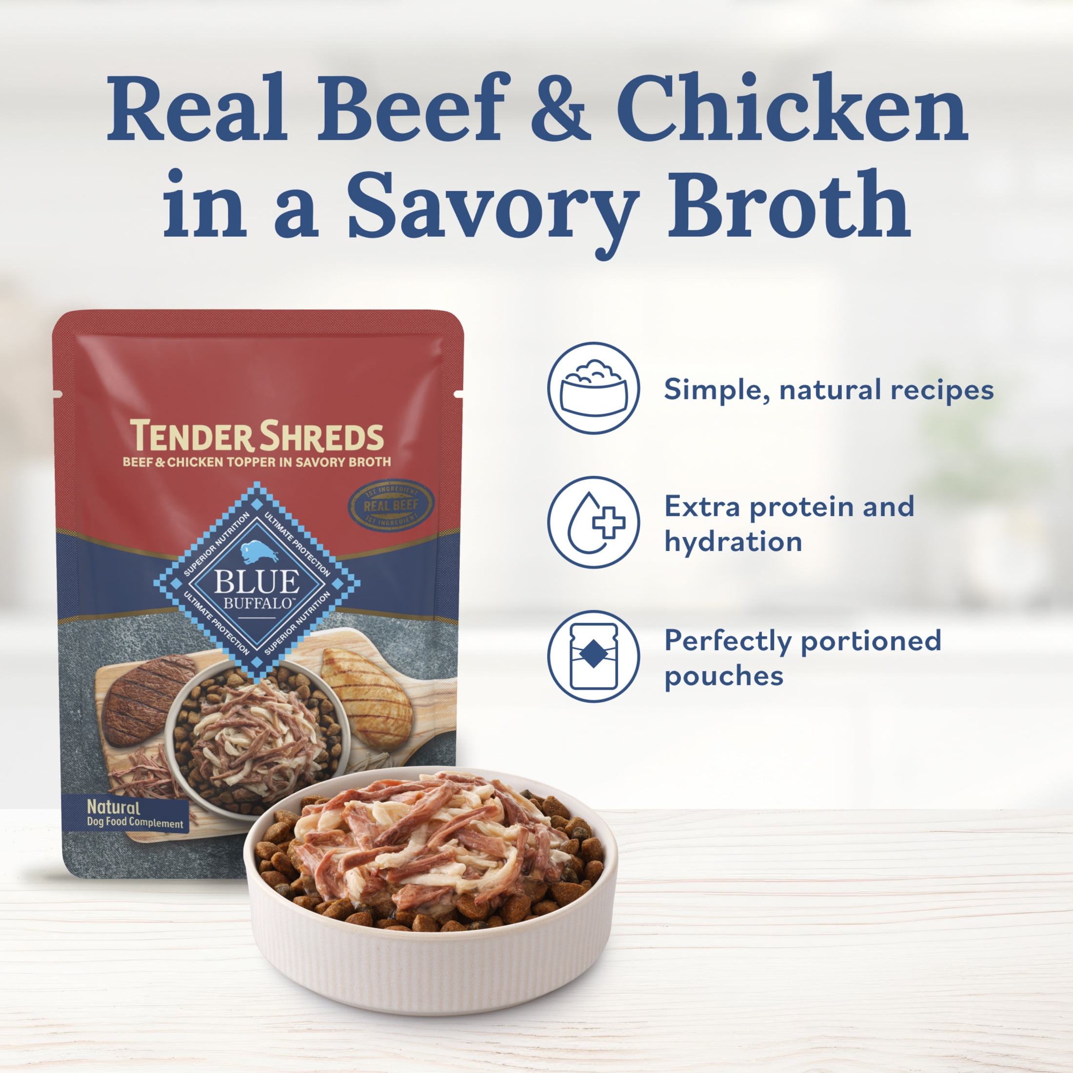 (24 pack) Blue Buffalo Tender Shreds Toppers, Dog Food, Beef & Chicken, 2.5oz. Pouch